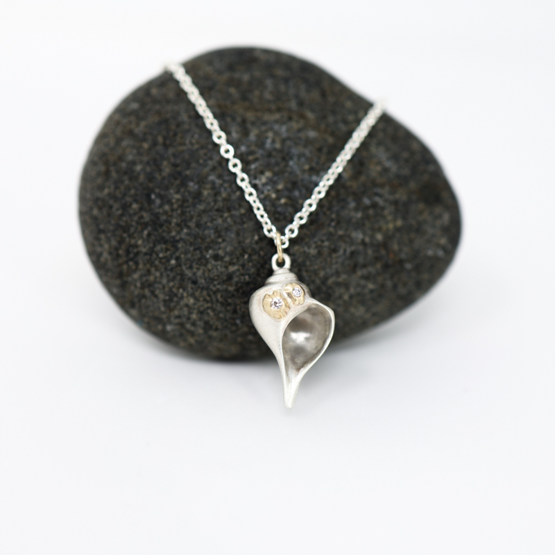 Hannah Blount small whelk shell Ruthie B. Necklace with diamonds and barnacles