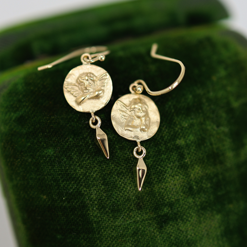 cherub and dagger dangle earrings in solid gold, 14k yellow gold