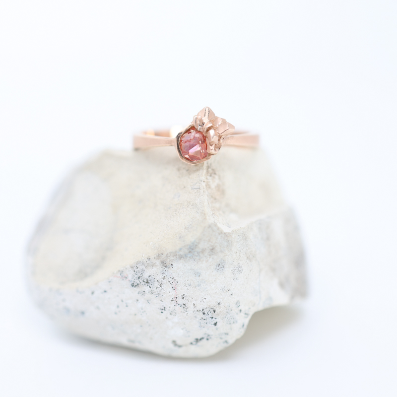 padparadscha sapphire and rose gold rock candy ring by Kelsey Simmen