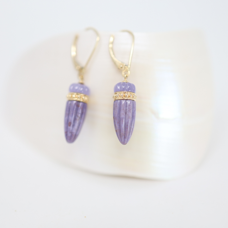 vintage lavender purple and yellow gold sculptural dangle earrings