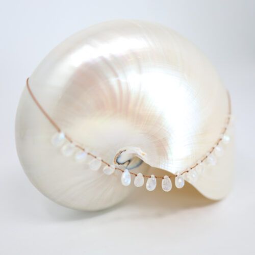 lena skadegard moonstone petal necklace, adjustable length tassel necklace