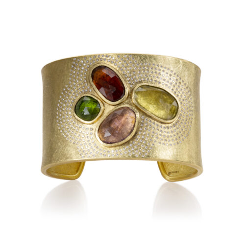 garden cuff by Todd Reed Jewelry - yellow gold, diamond and tourmaline cuff, multicolor gem
